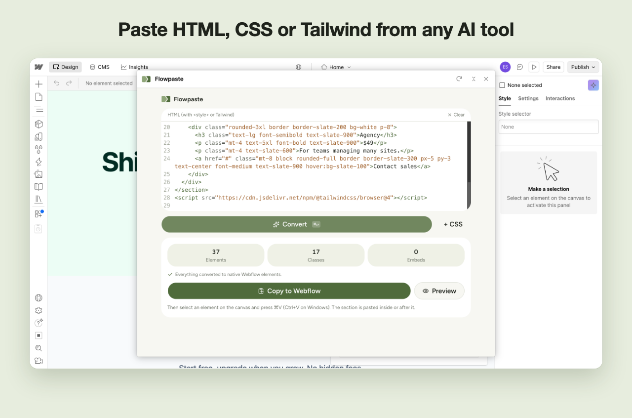 Pasting Tailwind code into Flowpaste and converting it