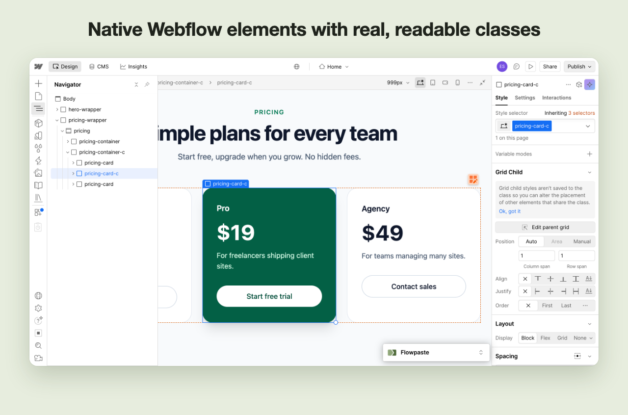 A pricing section pasted with Flowpaste, shown in the Webflow Designer with its class names in the Navigator