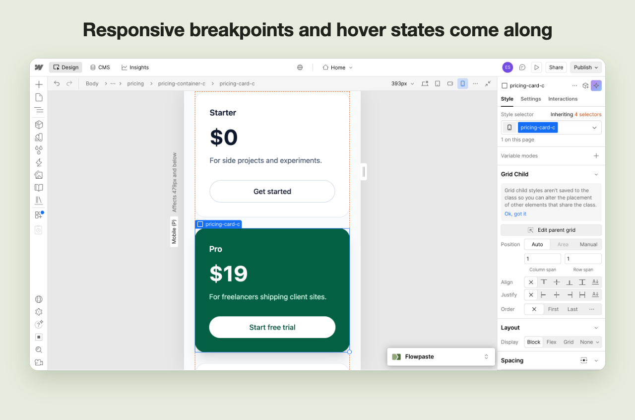 The pasted section at the mobile breakpoint